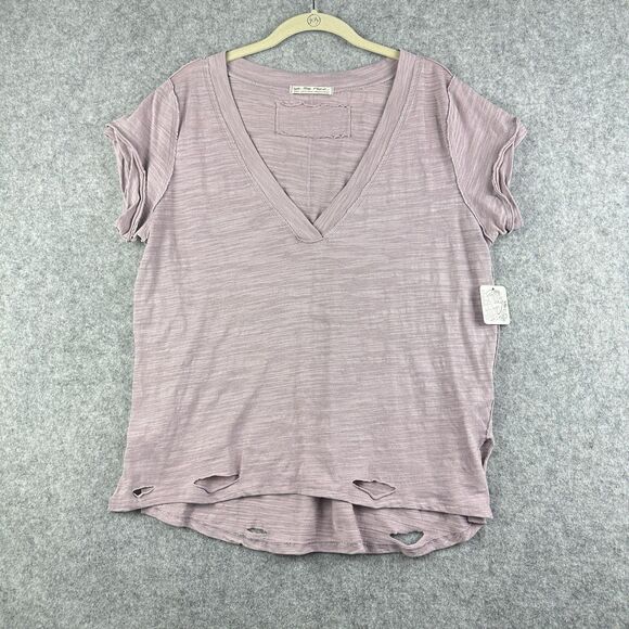 We The Free People Sundance Slub Tee Womens S Lilac Distressed Boho VNeck NEW - Picture 1 of 15